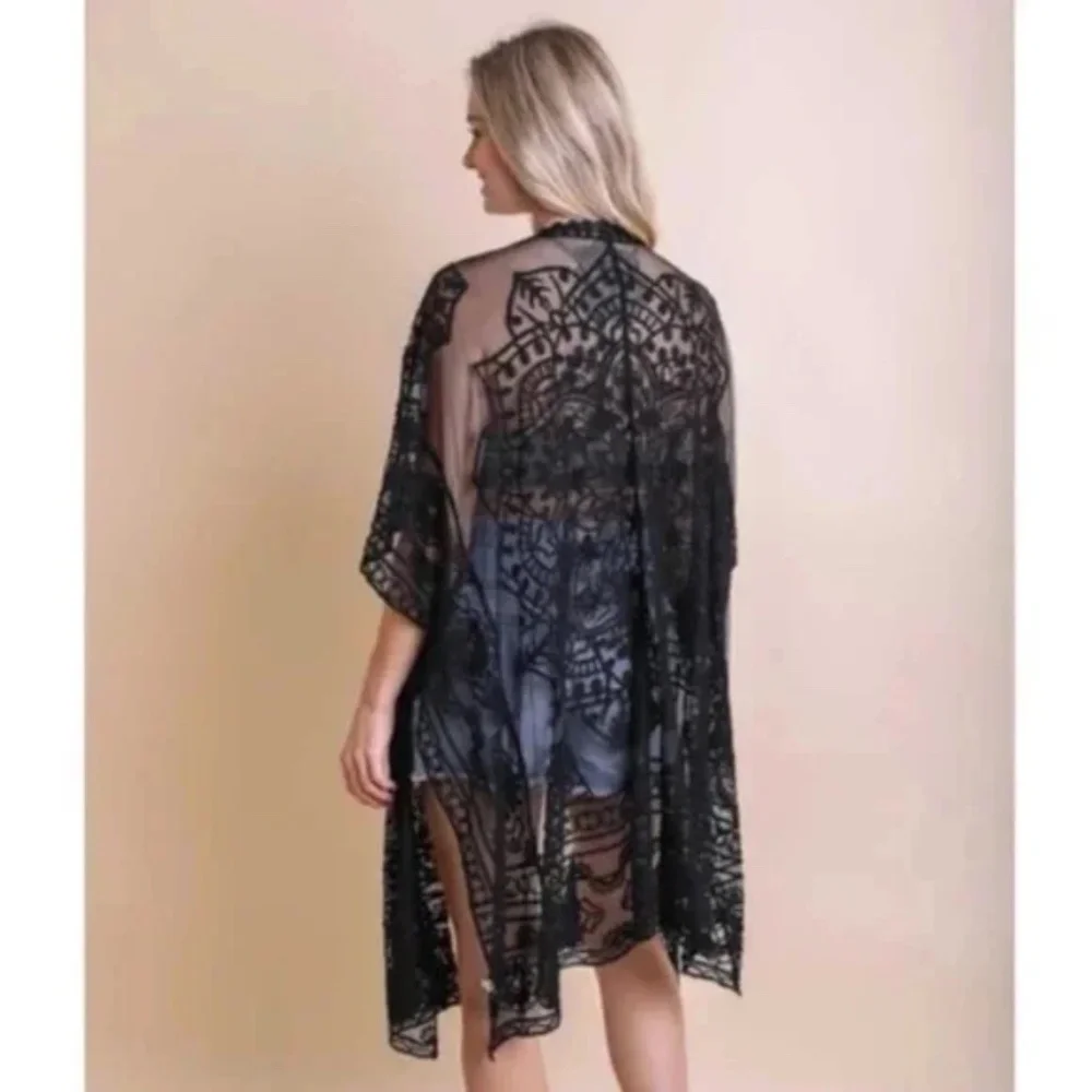 SOLD OUT Black Sheer Floral Lace Mandala Embroidered Mesh Kimono Open Wrap Top - Picture 3 of 4